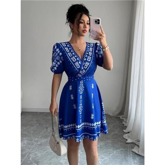 Printed Surplice Puff Sleeve Mini Dress - Picture 4 of 7